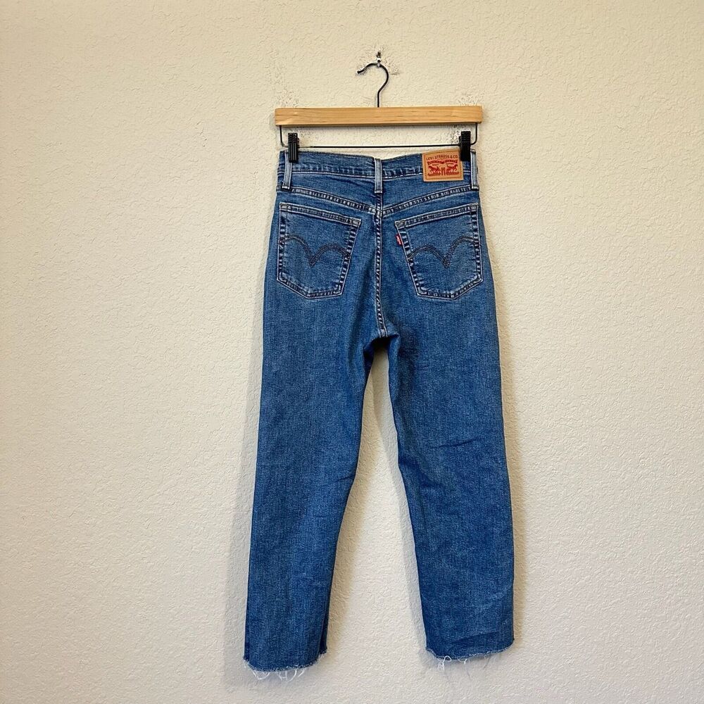 LEVI'S Wedgie Straight Jeans Blue Cropped Cut-Off High Rise Button Fly - Picture 2 of 14